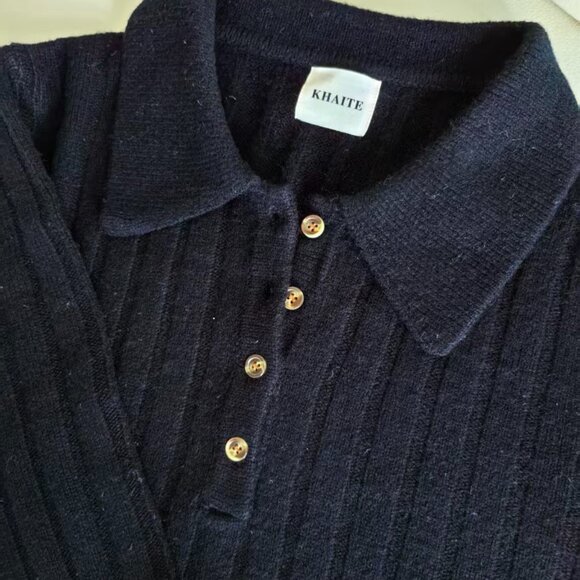Khaite Dark Ribbed Knit Polo Sweater - Gold Button Detail - Picture 3 of 5